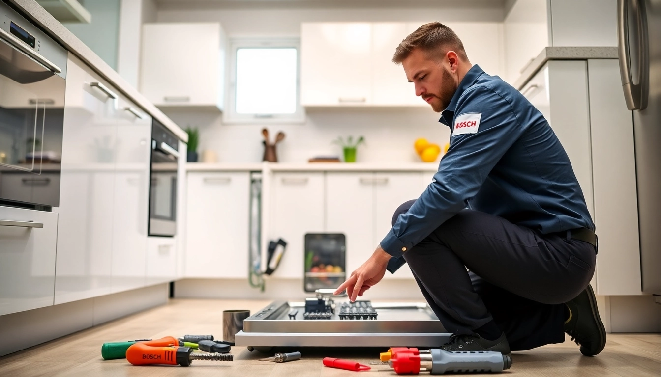 Technician demonstrates BOSCH dishwasher repair in a modern kitchen with professional tools.