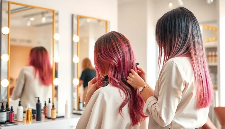 Expert coafura in a modern salon, showcasing vibrant styles and a professional atmosphere.