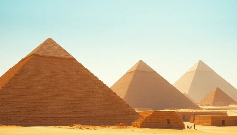 Explore the magnificent piraminds of Giza set against a bright blue sky, showcasing their ancient architecture.