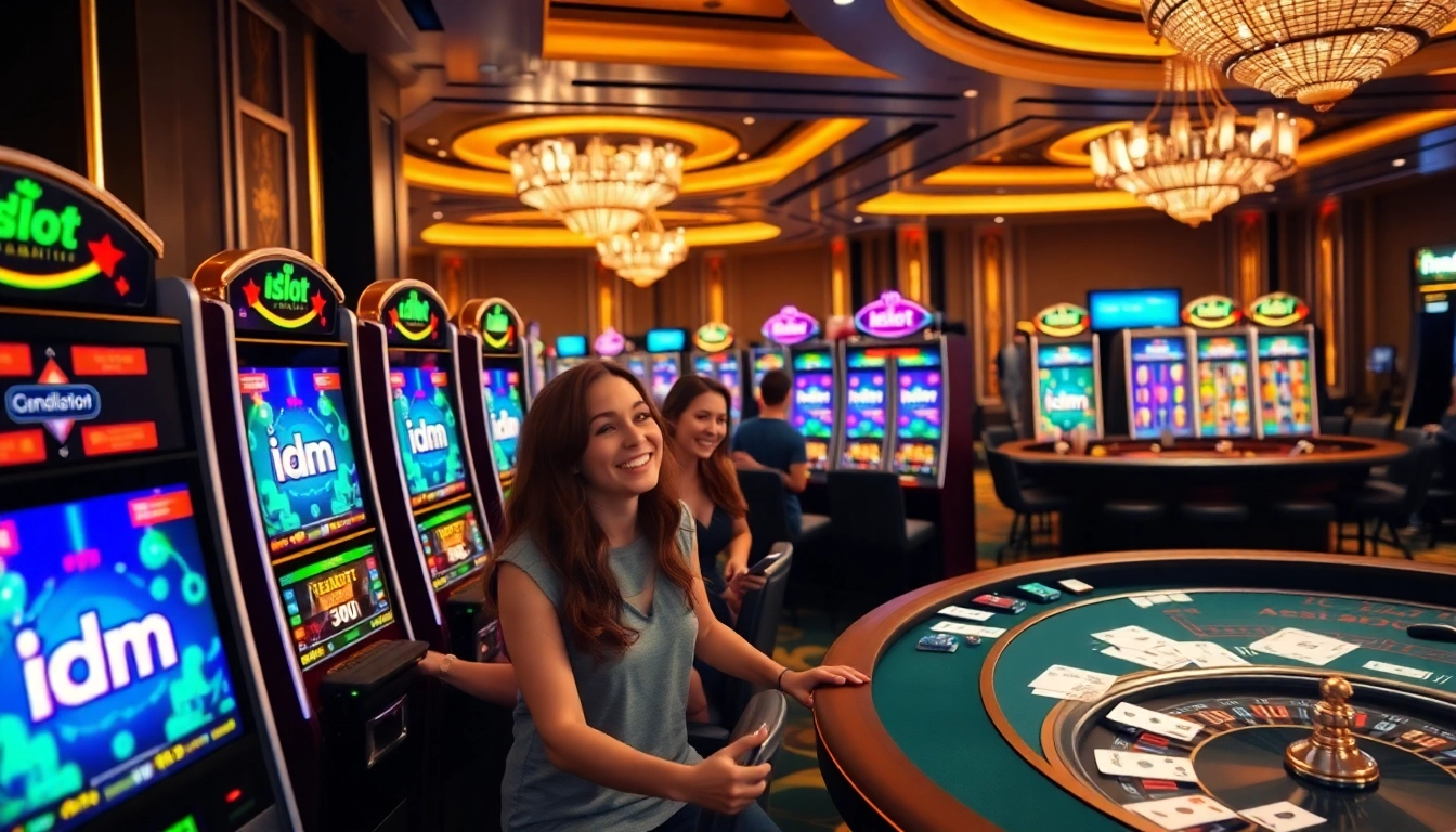 Players enjoying the excitement of idnslot in a luxurious casino environment with colorful slot machines.