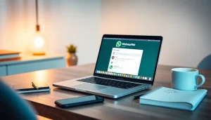 在舒适的家庭办公室环境中，笔记本电脑上显示的 WhatsApp Web，体现现代沟通。