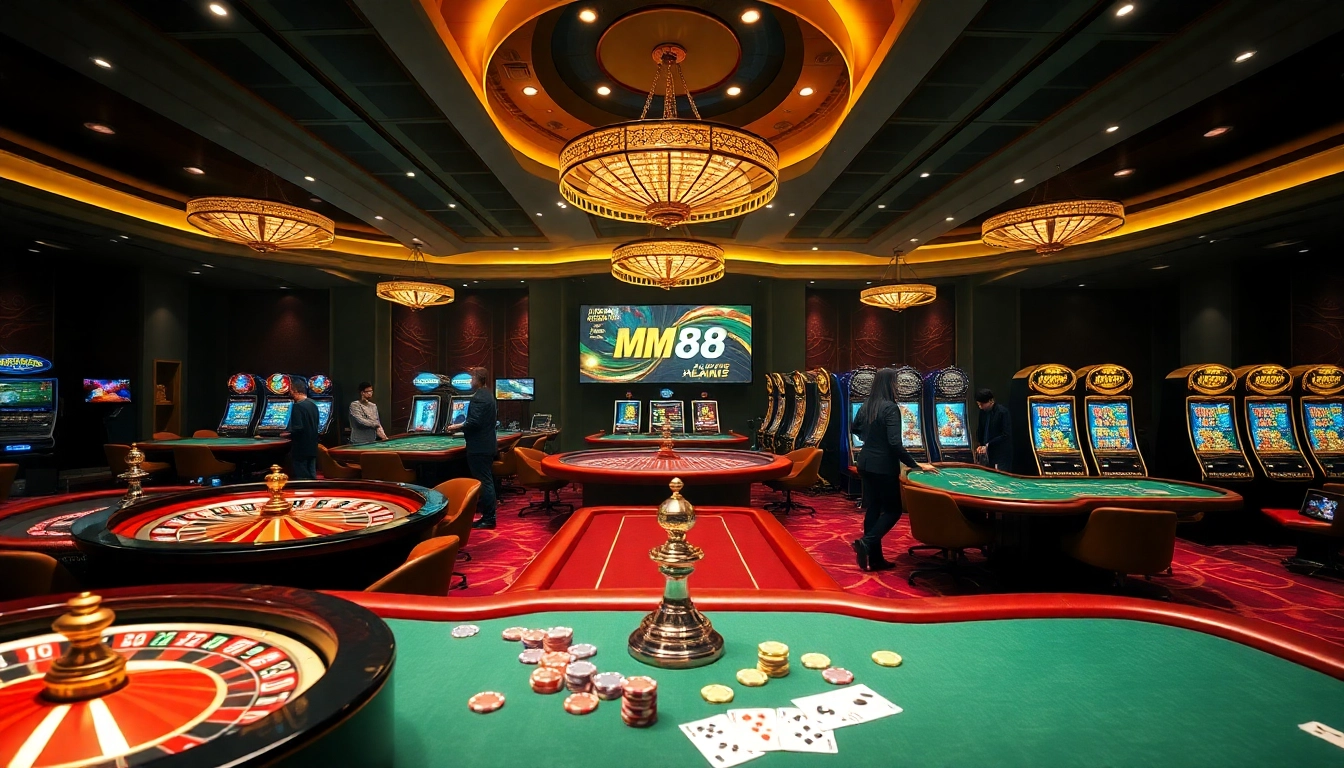 Players enjoying MM88 online casino games with vibrant roulette and slot machines in action.