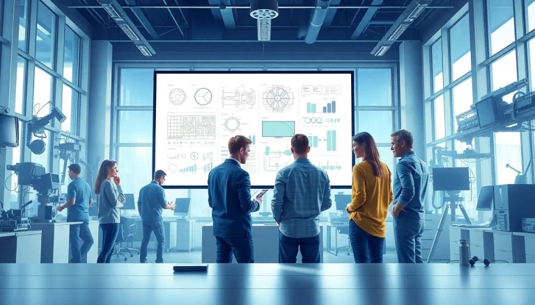 Team discussing das 142 in a modern office setting with high-tech tools.