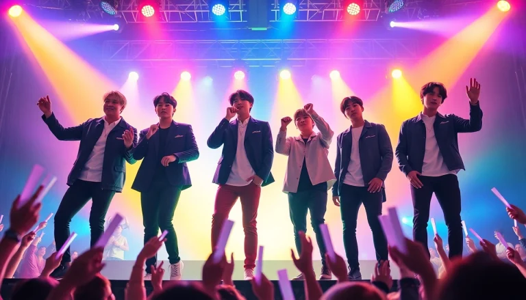 Capture the latest bts news with BTS performing energetically on stage, highlighting the lively concert atmosphere.
