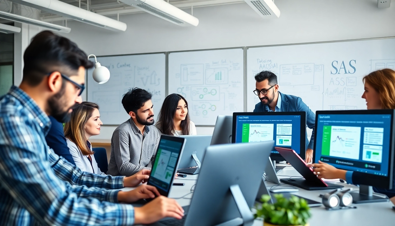 Team of developers discussing SaaS applications in a modern collaborative workspace.