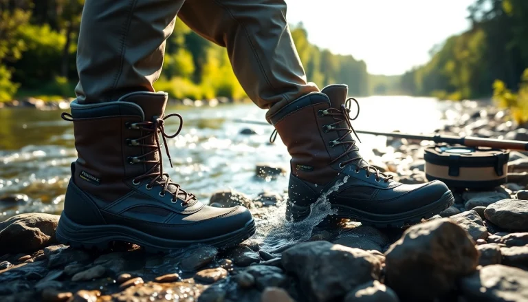 Person showcasing durable fly fishing boots against a scenic river backdrop.