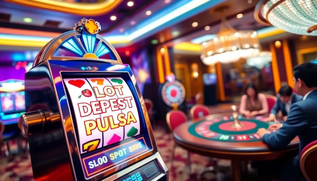 Adegan kasino yang dinamis menampilkan mesin slot deposit pulsa, menangkap sensasi aksi perjudian.