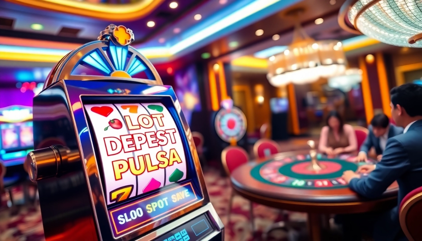 Adegan kasino yang dinamis menampilkan mesin slot deposit pulsa, menangkap sensasi aksi perjudian.