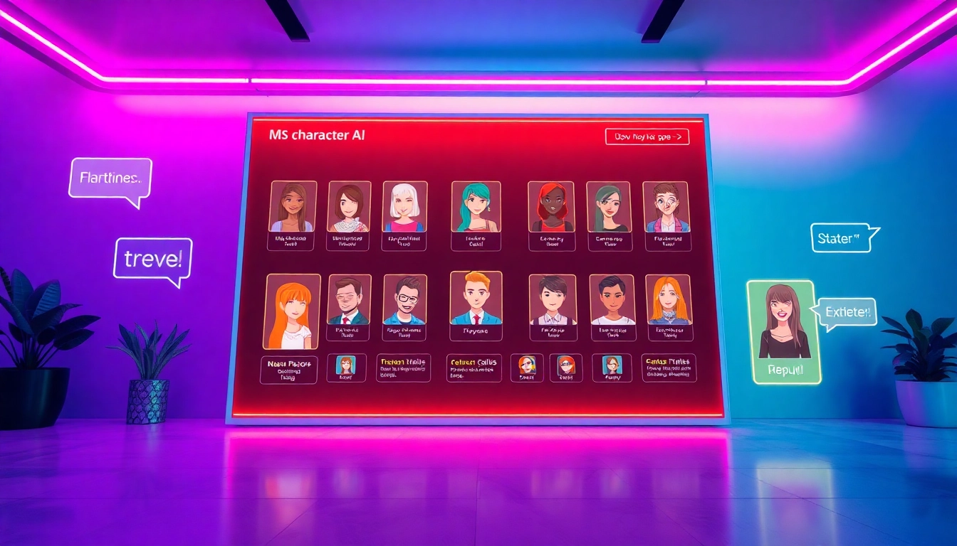 Interactive display of free NSFW character AI showcasing vibrant avatars and user interface elements.
