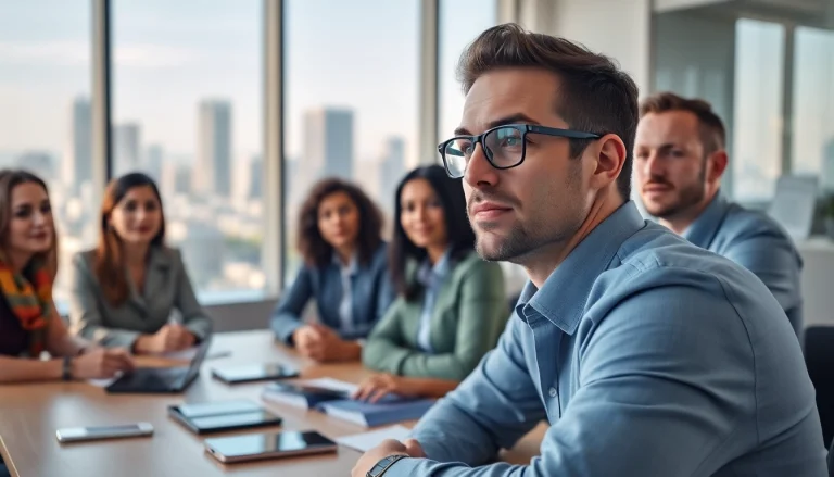 Showcasing founder leadership insights, a leader engages with a diverse team in a modern office environment.