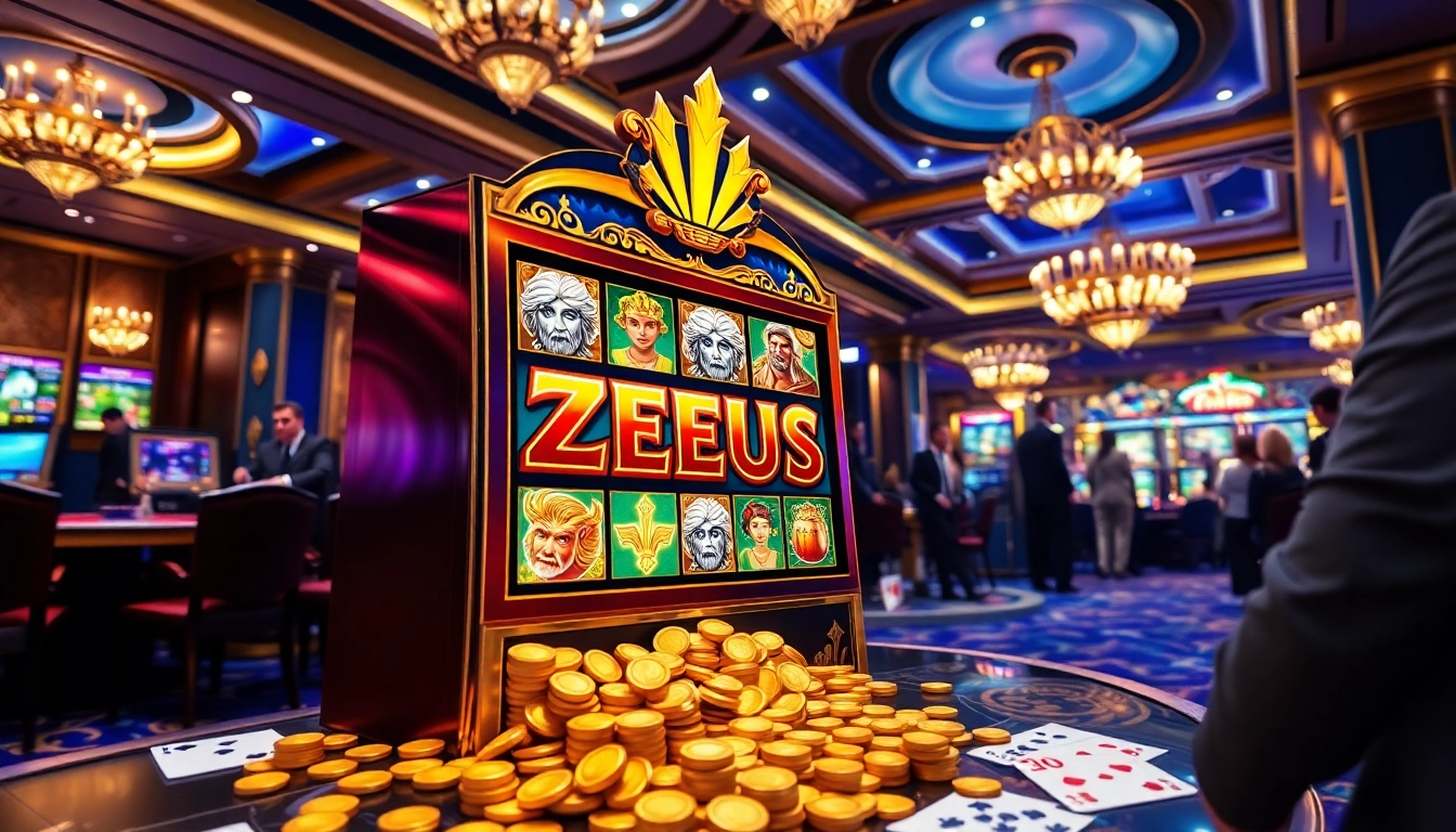 Spin the Zeus slot for thrilling jackpots in a luxurious casino atmosphere surrounded by exciting gaming action.