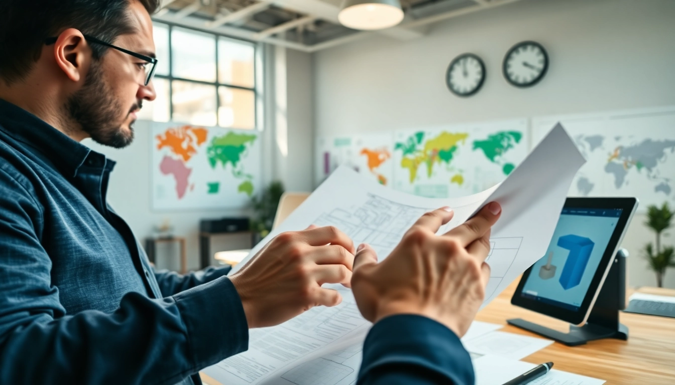 Analyze das 142 technical drawings in a collaborative office environment with bright lighting.