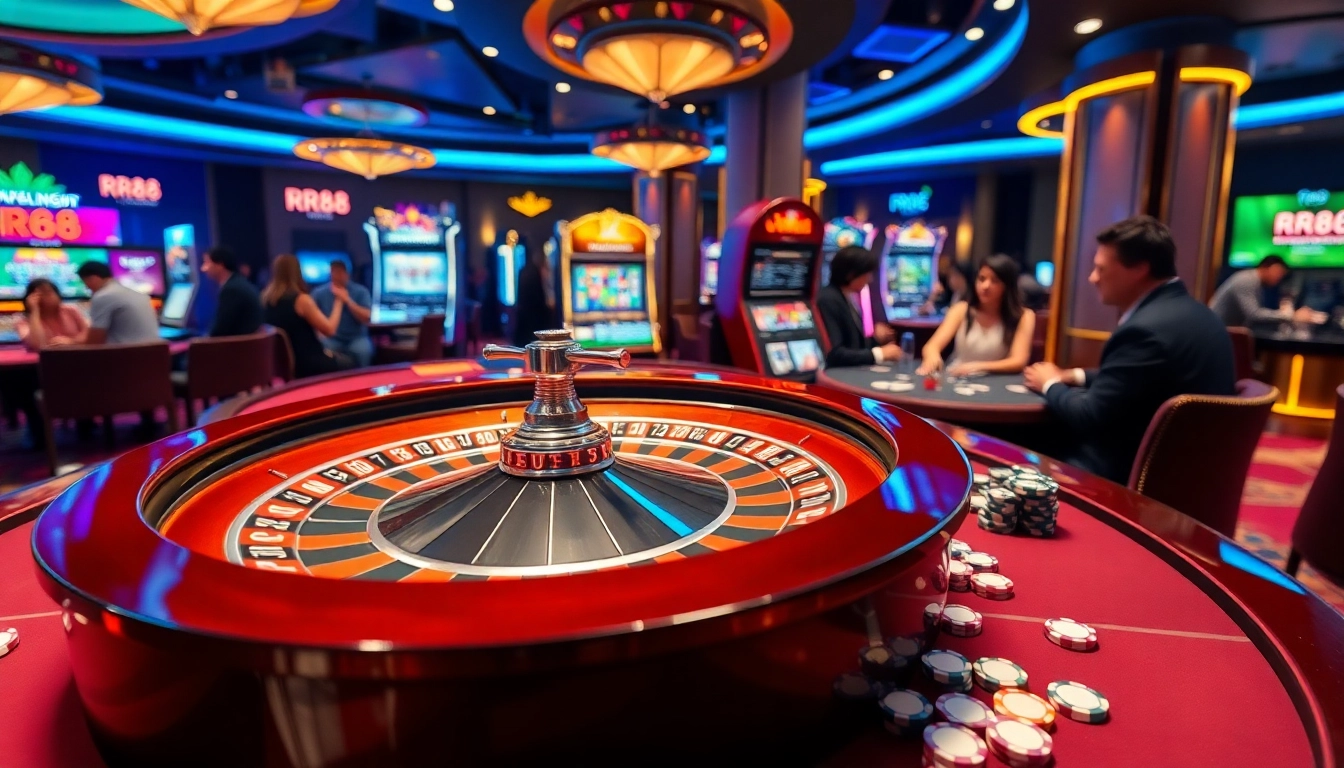 Exciting gameplay at nhà cái rr88, showcasing a roulette wheel and vibrant casino atmosphere.