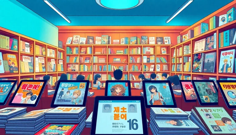 newtoki 웹툰을 즐기는 독자들과 다양한 웹툰 표지들을 보여주는 일러스트