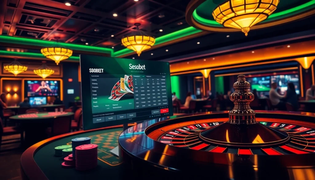 Sbobet users betting on sports at a luxurious casino table filled with colorful chips and cards.