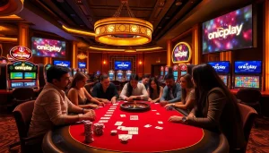 Players enjoying a thrilling poker game at Onicplay casino with vibrant lighting and luxury vibes.