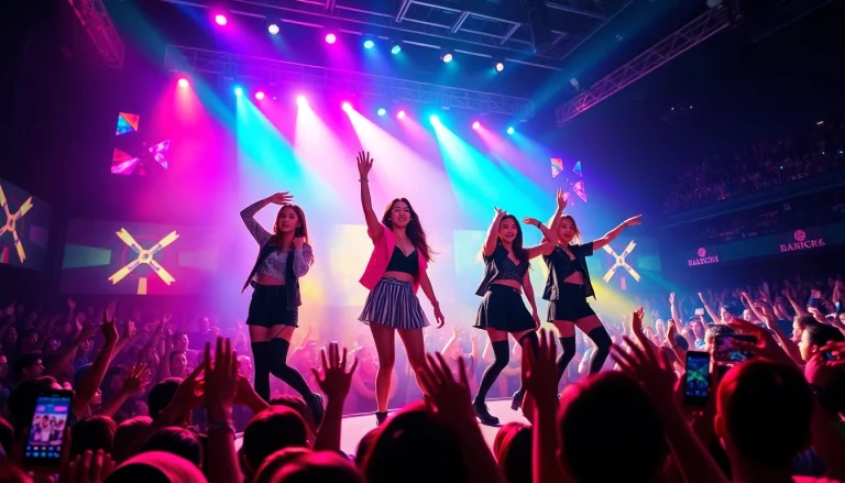 BLACKPINK news: Exciting concert performance showcasing the group with vibrant stage lights and enthusiastic fans.