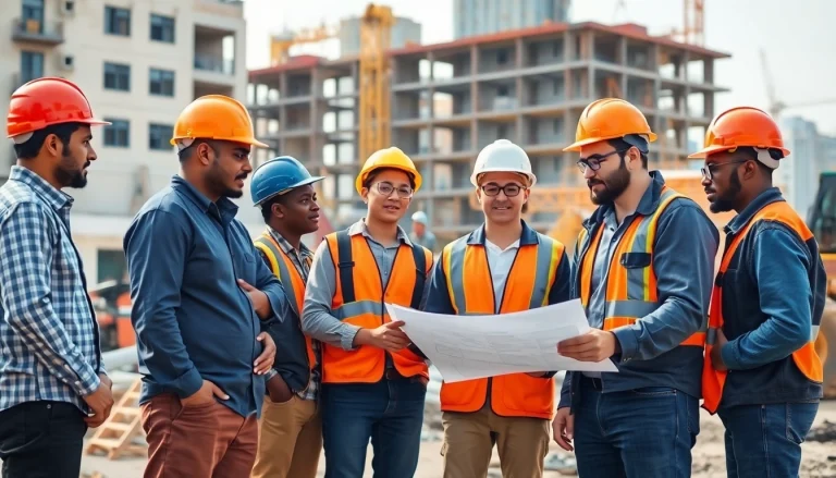 Construction workforce development featuring diverse professionals collaborating at a construction site.