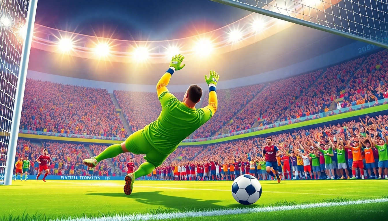 Capture the energy of Fußball with a goalkeeper's save at a match, highlighting ผลบอลสดthscore.