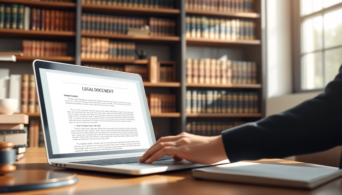 Automated Legal Notice Generation with a professional using a laptop in a legal workspace.