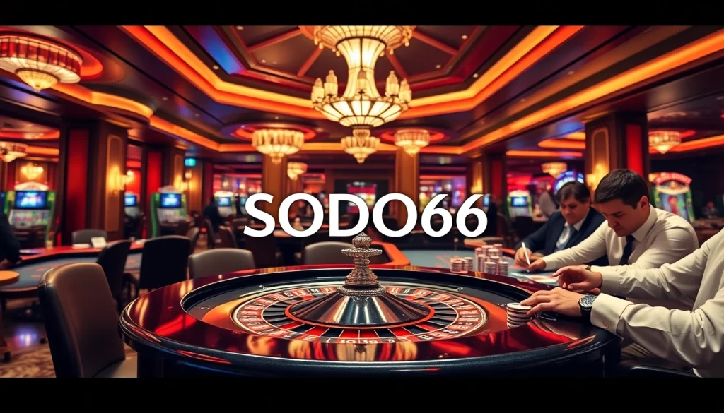 SODO66 logo displayed on a roulette table in a luxurious casino atmosphere.