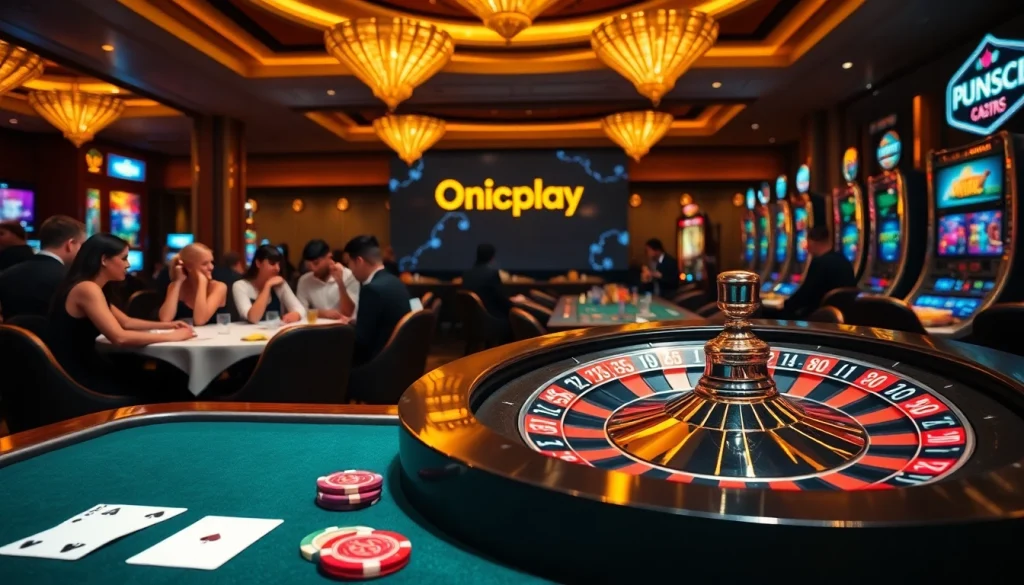 Players engage in thrilling games at Onicplay, showcasing a vibrant casino atmosphere filled with excitement.