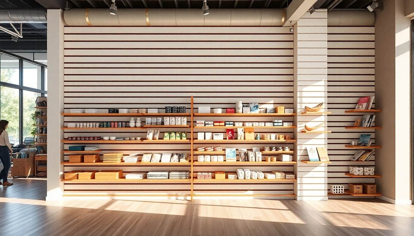 Showcase panel slat wall with organized products in a bright, modern retail setting.