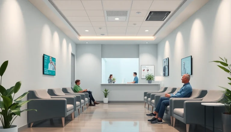 包茎クリニックの温かい待合室。包茎クリニック おすすめの治療法に関する案内表示と落ち着いた雰囲気。