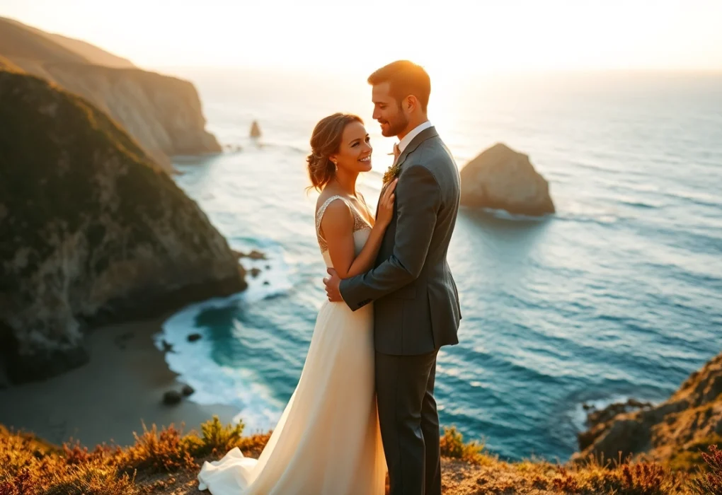 Beautiful wedding moment featuring a Big Sur wedding photographer capturing a couple at sunset.