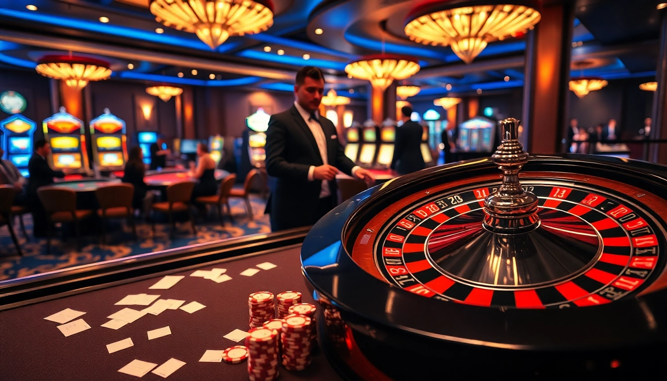 Scène engageante dans un meilleur casino en ligne avec des tables élégantes, des jetons et une roulette en rotation.