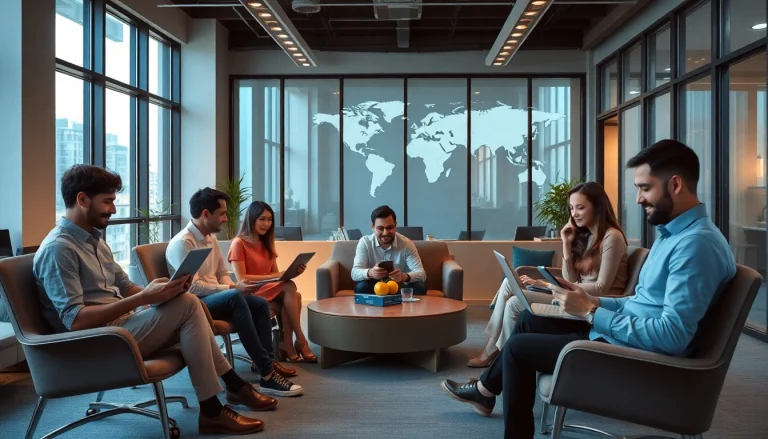 现代办公室中的快连 VPN 用户，展示无缝的多设备连接与全球可访问性。