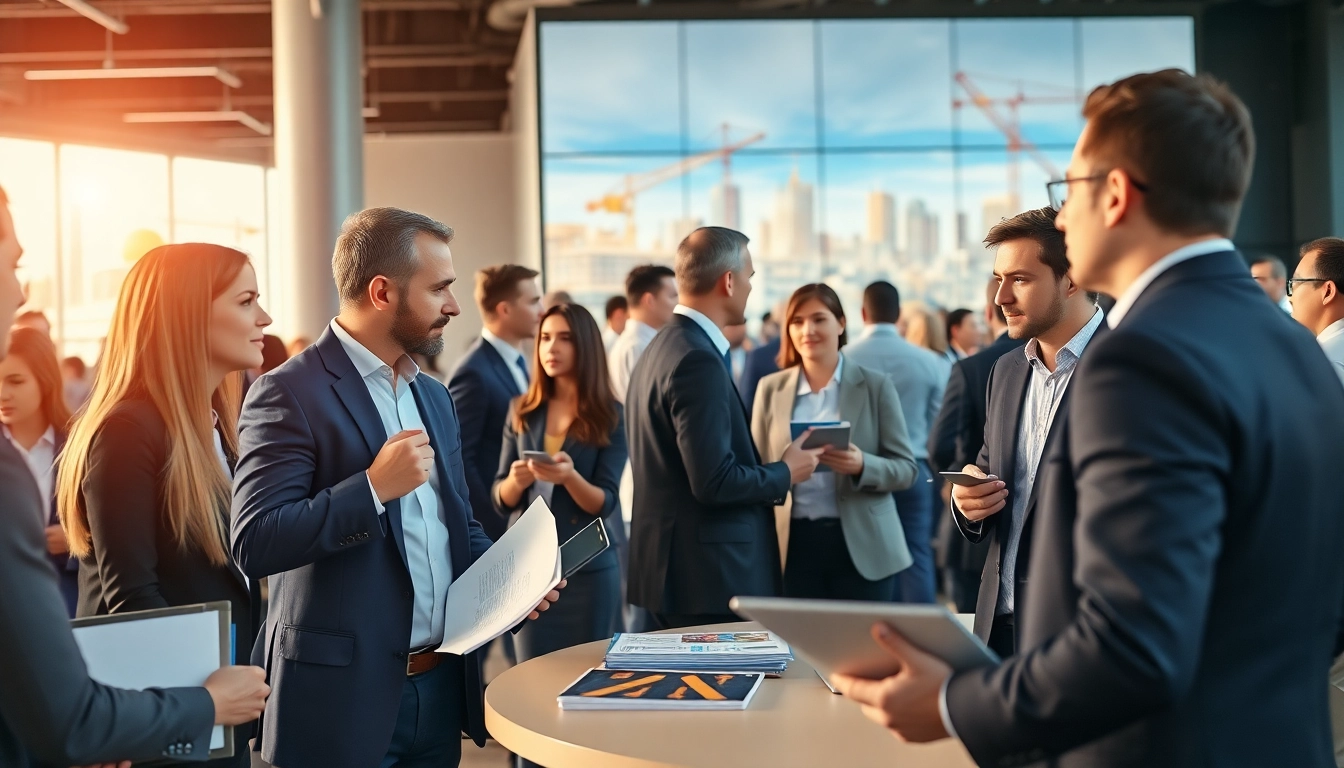 Engaging professionals at a construction networking event exchanging ideas and contacts.