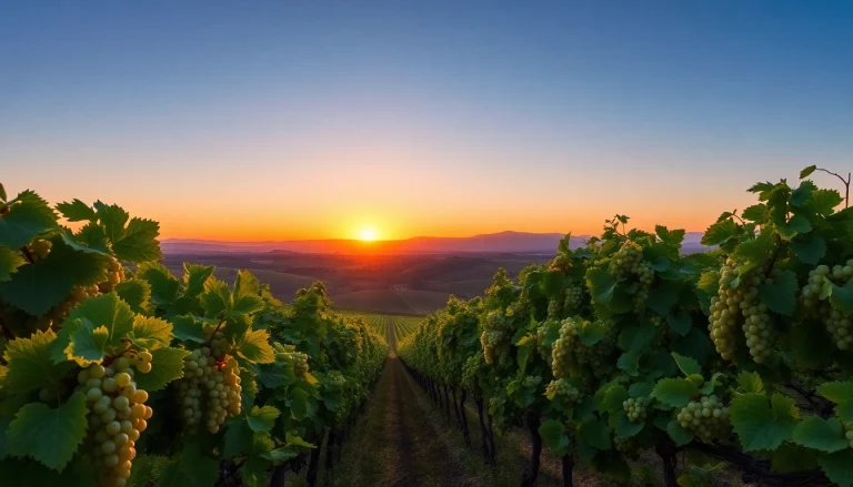 Experience Clarksburg California's picturesque vineyards and sunset featuring lush grapevines.