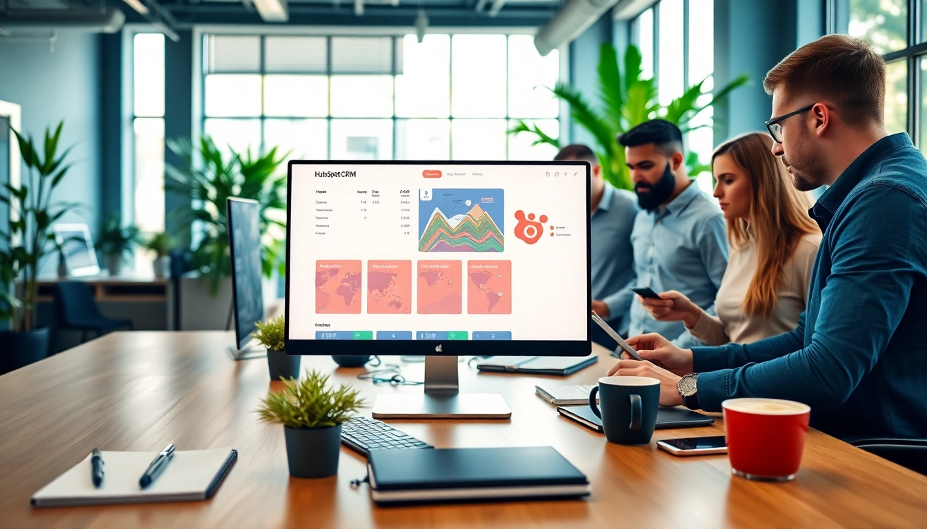 Engaging professionals using hubspot crm free on a sleek desktop in a vibrant office.