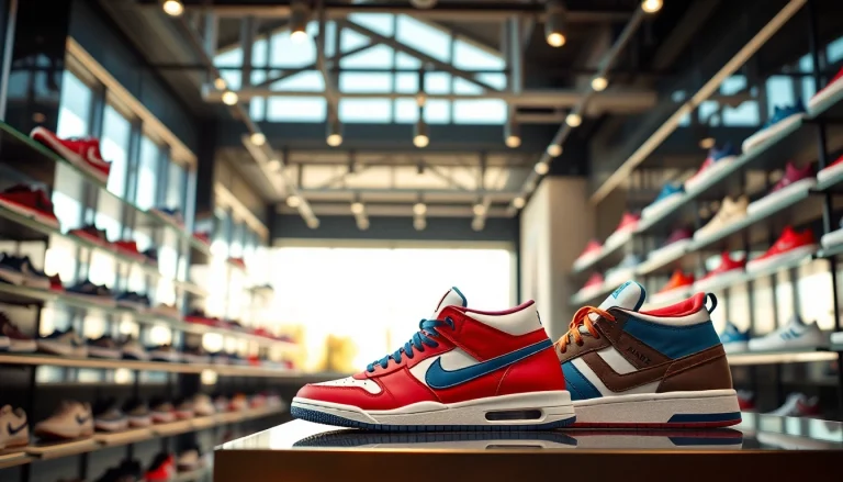 레플리카 사이트에서 다양한 스니커즈를 선보이는 현대적 쇼룸.