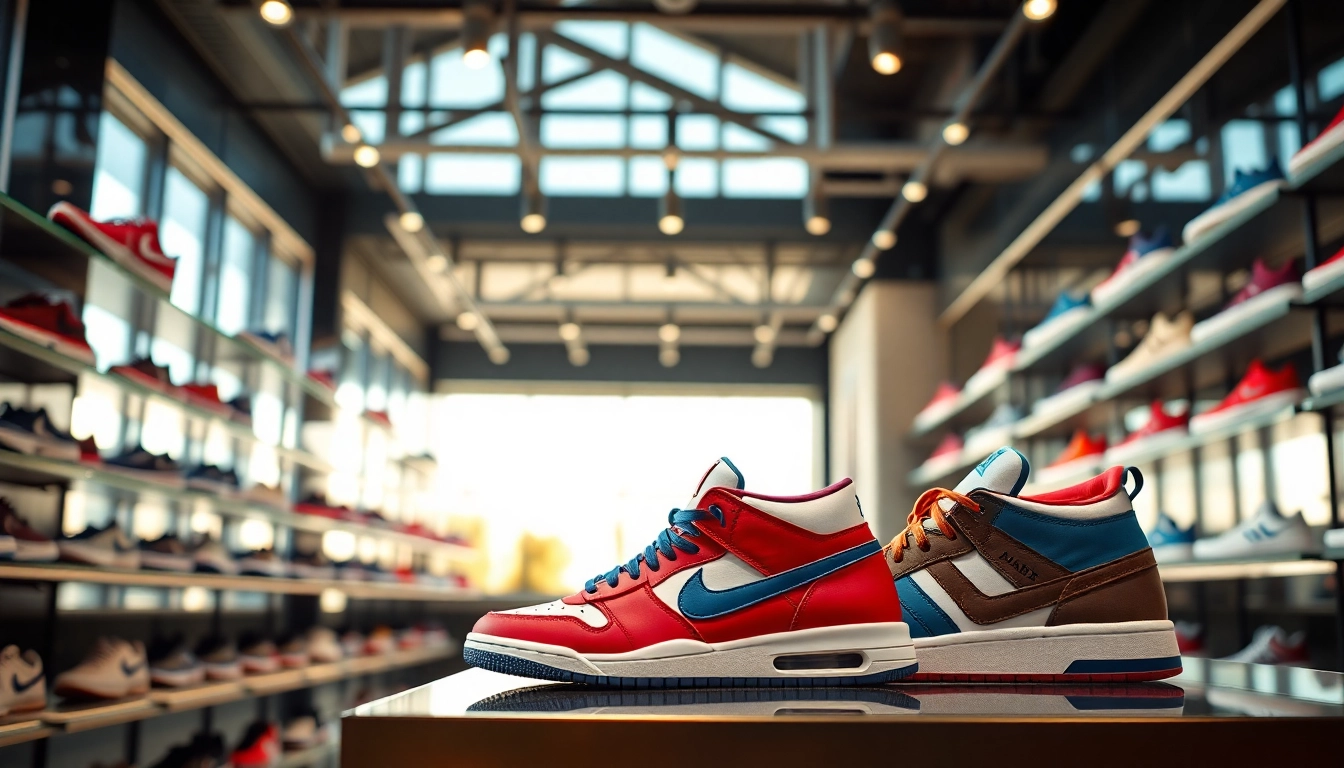 레플리카 사이트에서 다양한 스니커즈를 선보이는 현대적 쇼룸.