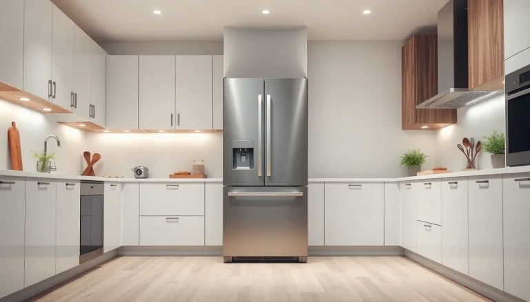 Showcase of refrigerator sales with a modern kitchen featuring a stylish refrigerator in focus.