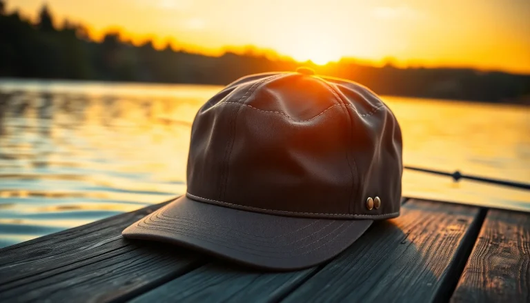 Fly fishing hat showcased on a rustic dock by a tranquil lake during sunset.