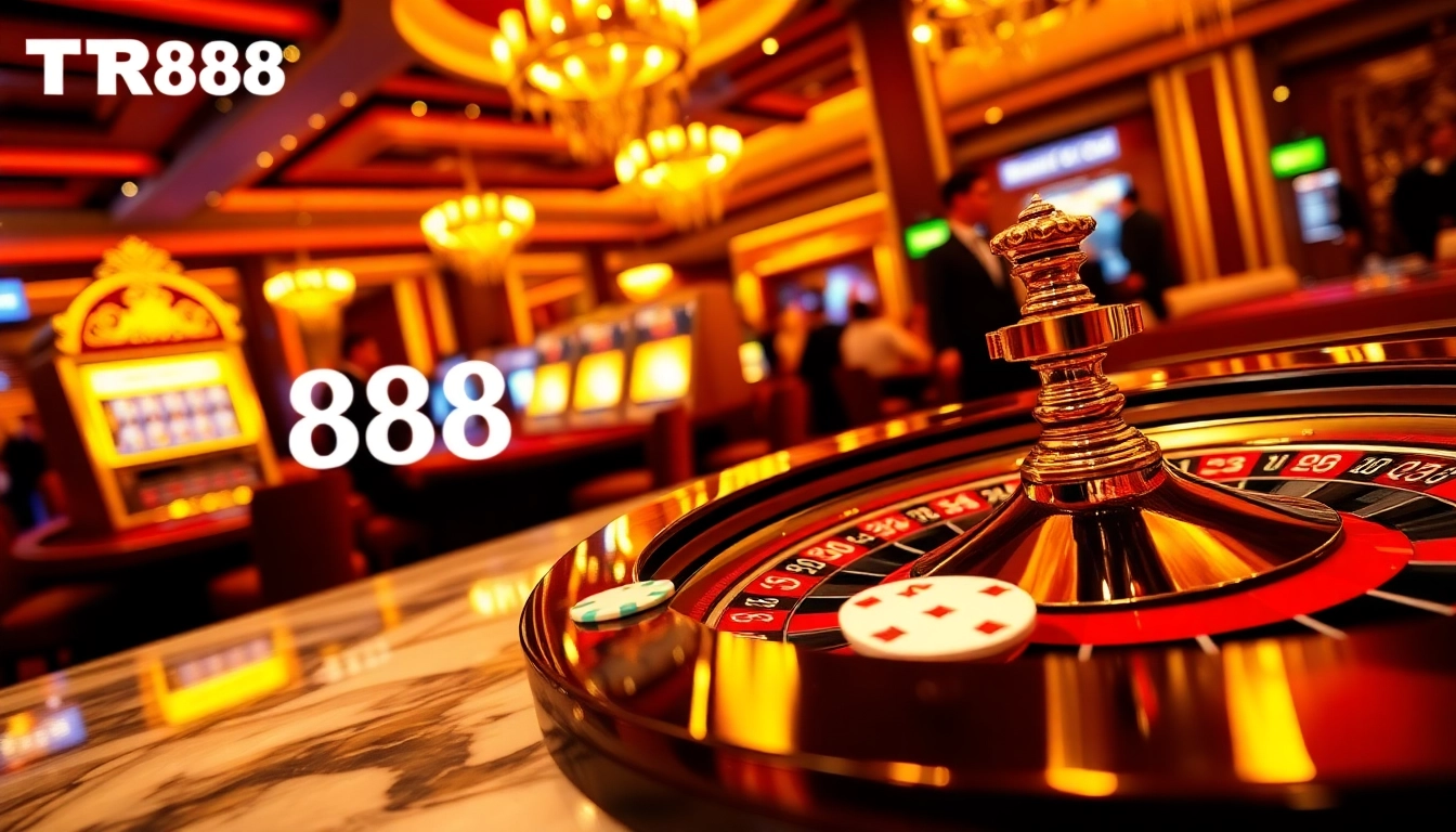 Experience the excitement of TR88 in a vibrant casino setting with roulette and slot machines.