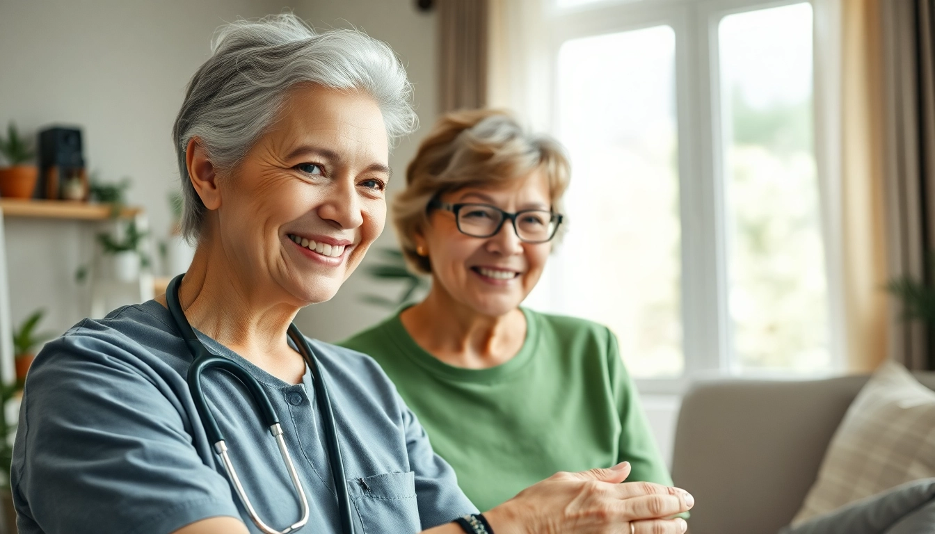 Engaging at home senior care scene with caregiver aiding elderly person in a warm setting.