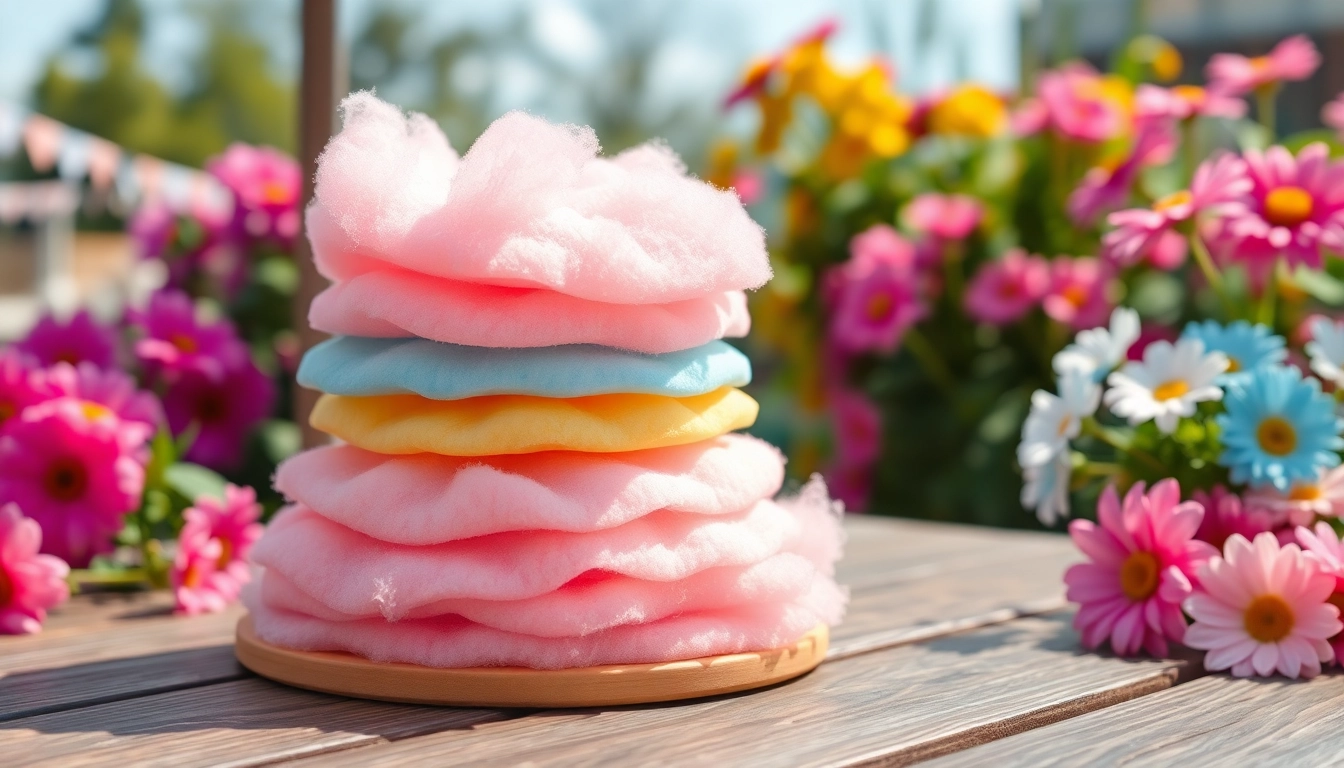 Geniet van goedkope wafelkatoen, een stapel van kleurrijke en luchtige wafelkatoen op een houten tafel.