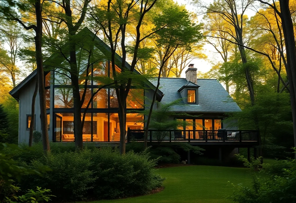 Showcasing a modern Massachusetts residential architecture home blending with nature.