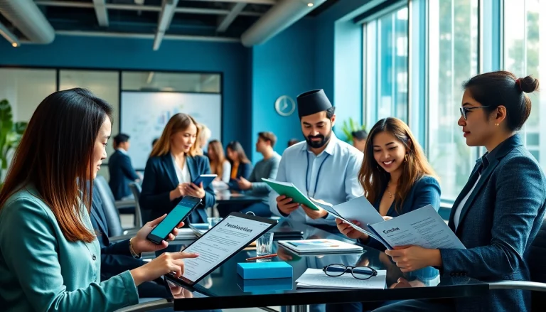 Dynamic professionals using 有道翻译 technology in a modern workspace.