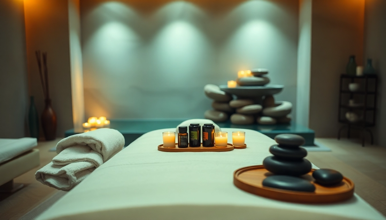 이상적인 마사지 경험을 위한 아늑한 조명과 편안한 장식의 편안한 마사지룸.