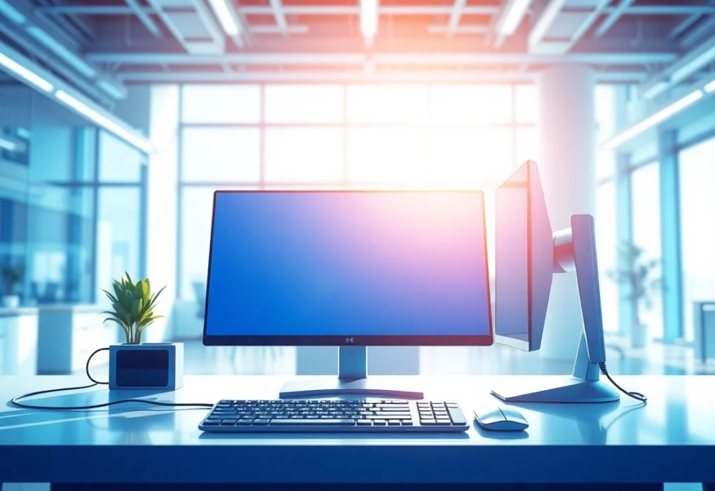 Brightet digital workspace featuring futuristic technology and sleek computer setup.