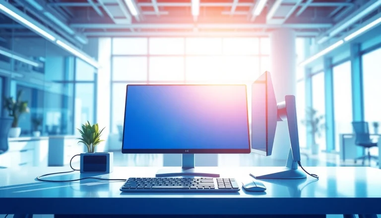 Brightet digital workspace featuring futuristic technology and sleek computer setup.