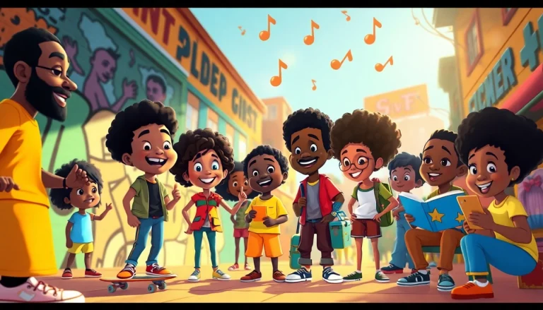 A colorful scene featuring characters from African American Cartoons celebrating cultural diversity and creativity.