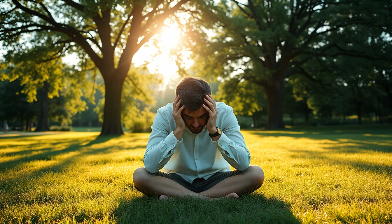 Person reflecting on anxiety symptoms in a peaceful outdoor environment.