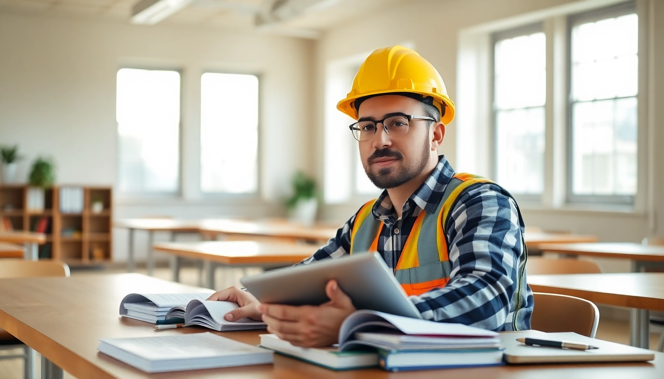 Preparing for nccer certification in a bright classroom with a construction worker.