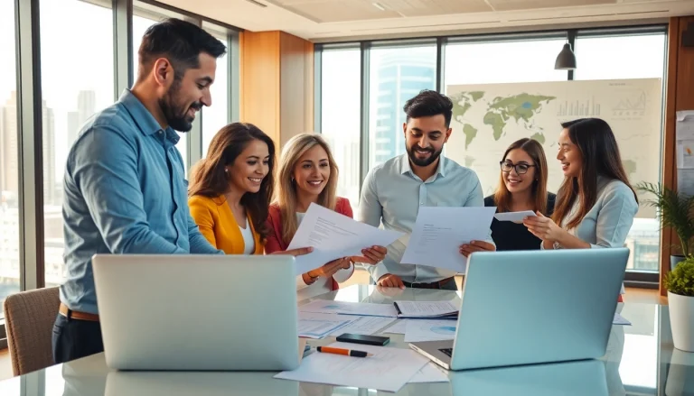 Analizowanie regulacji AI przez zespół w nowoczesnym biurze, z dokumentami i technologią.